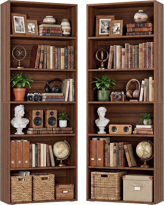 IRONCK Bookshelf and Bookcases 70" Tall, 6 Tiers Display Storage Shelves | Bookshelves Set of 2, Wood Bookcase with Open Display Shelves for Home Office, Living Room, Library, Walnut