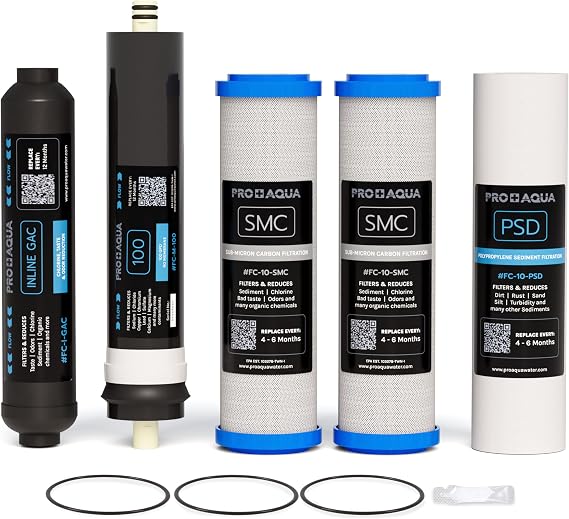 PRO+AQUA 100 GPD Triple Capacity Reverse Osmosis Yearly 5 pcs Replacement Filter Set, 3/8" QC