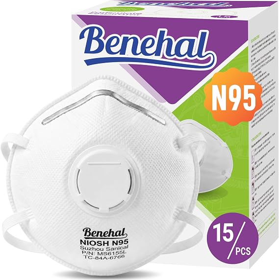 benehal N95 Respirator Masks with Exhalation Valve, NIOSH-APPROVED, 15 Pack