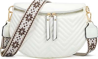 Womens Vegan Leather Crossbody Waist Pack, Fanny Pack Sling Bag with Adjustable Belt, Boho Style Shoulder Purse for Travel, Daily Use White
