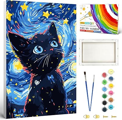 SANYUN Paint by Numbers Cat,Adult Paint by Number Kits with Wooden Frame,Starry Night Painting by Numbers in Colorful Box,8x12 inch No Wrinkles Canvas with Acrylic Paint and Brushes for Gift and Decor