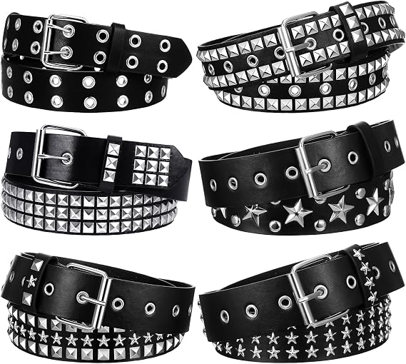 6Pcs Studded Belt Set for Men & Women - Punk Gothic Rivet Faux Leather Belts with Double Grommet, Square Studs, Small & Large Star Designs Adjustable Waist Belt for Jeans Costume Party Gift