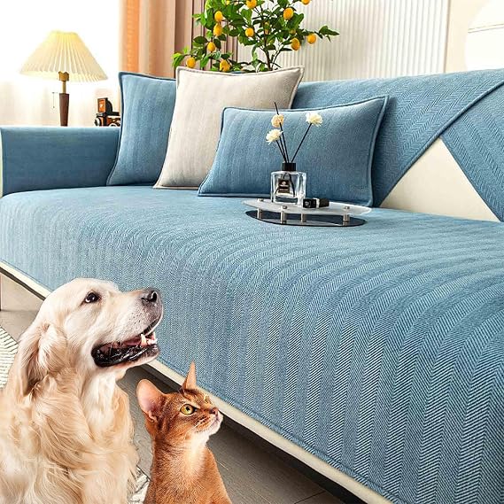 Coverfect Herringbone Chenille Sofa Cover, Coverfect Couch Covers Non Slip, Chenille Sectional Sofa Couch Covers for Dog (Harbour Blue,90 * 240 cm/35.4 * 94.4 in)