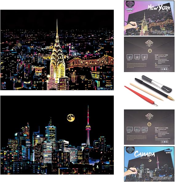 BOTEEN Scratch Rainbow Painting Art Paper,Scratch & Sketch Art for Adults,Scratch Painting Creative Gift Engraving Art & Craft Set,Sketch Pad DIY Scratchboard with 4 Tools,16''x11''(New York&Toronto)
