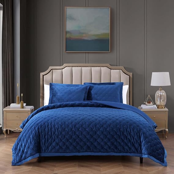 Bebejan Luxury Velvet Comforter Set, Navy, Queen