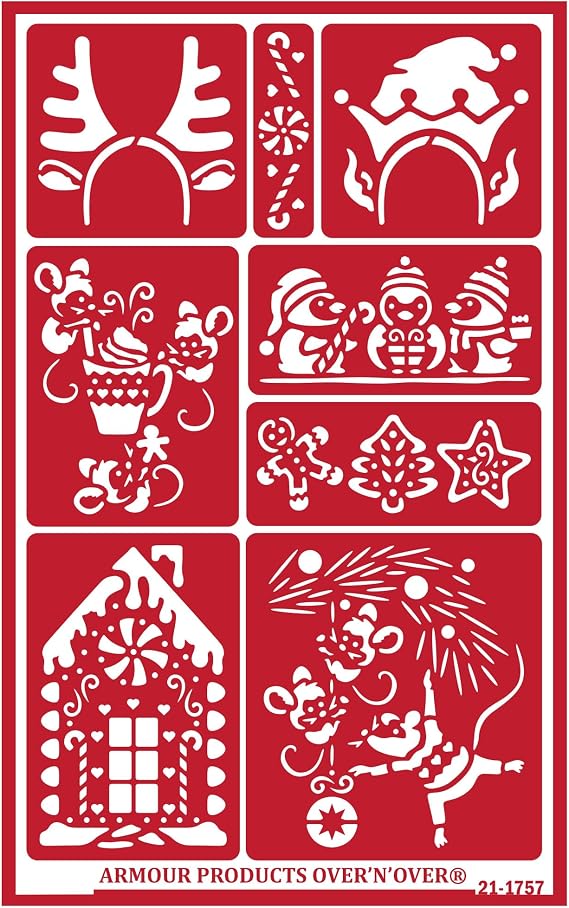 Over'N'Over Reusable Glass Etching Stencils Durable Self-Stick Designs for Glass, Mirrors, and Ceramics with Armour Etch Cream 5 x 8 Stencil Sheet - Holiday Spirit