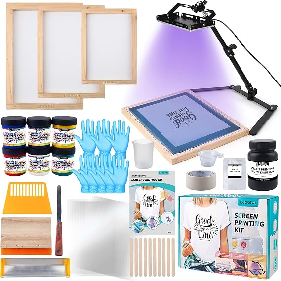 Ecoofor 53Pcs Screen Printing Kit All-in-One Set with 50W UV Exposure Lamp, 3 Size Wooden Screen Printing Frames, 6 Color Screen Printing Inks, 15 A4 Size Inkjet Transparency Films
