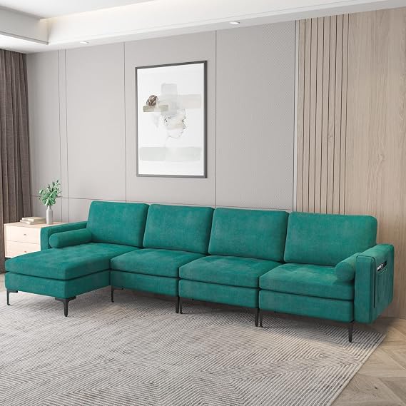 KOMFOTT 128 Inch Extra Large Convertible Sectional Sofa, 4-Seat L Shaped Couch with Reversible Chaise Lounge, 3-Hole Outlet & 2 USB Ports, Heavy Duty Steel Frame Modular Sofa Couch for Living Room