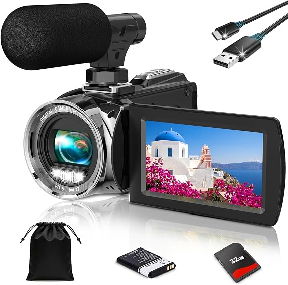Video Camera Camcorder, 4K Digital YouTube Vlogging Camera Recorder, Video Camera 3.0 Inch LCD 270 Rotatable Degrees IPS Screen with Batteries & SD card