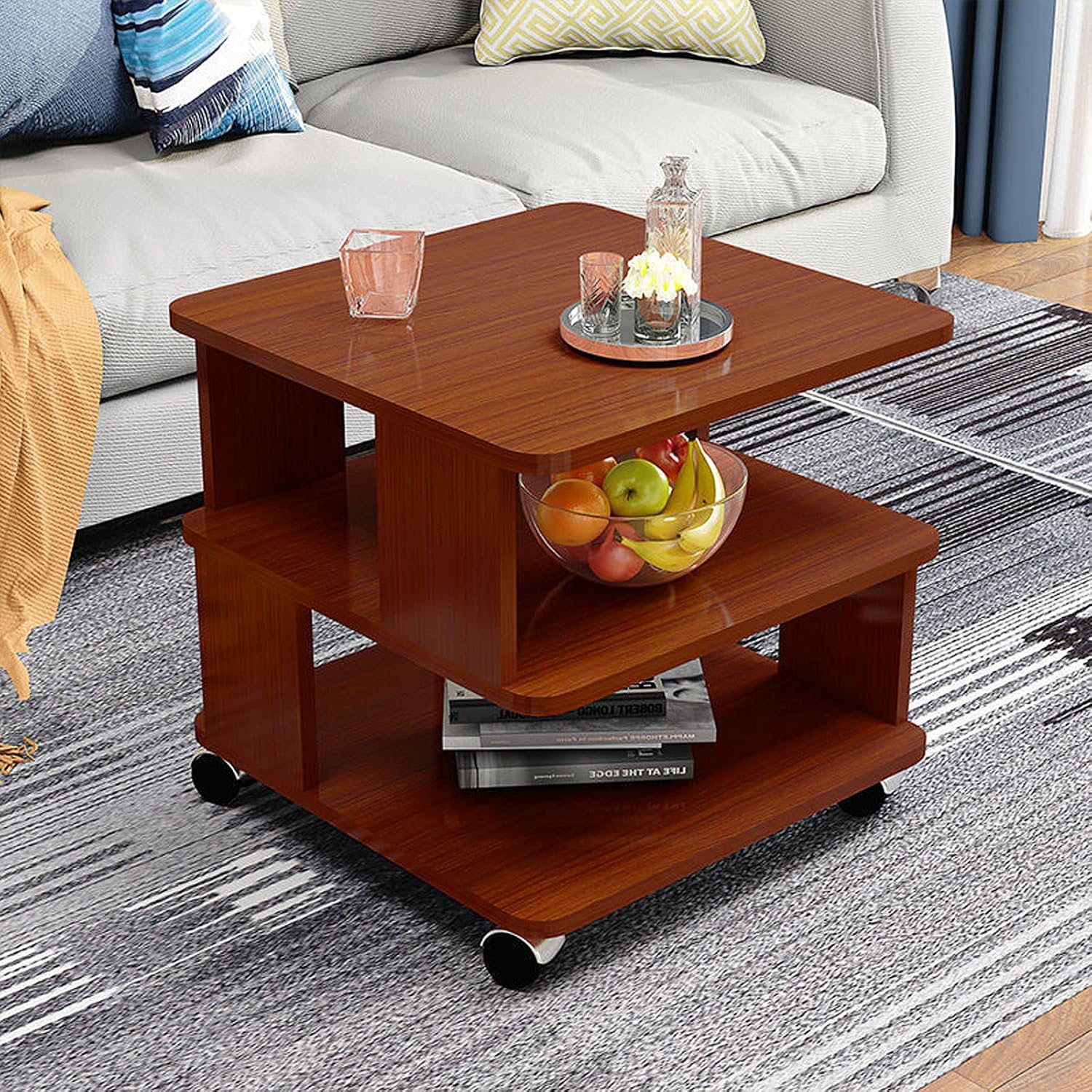 SHGAO End Tables,3 Tier Open Tiers Square Coffee Table, Modern Simplicity Side Table with Rolling Casters,Wood Look Small Accent Table,for Living Room,Study,BedroomTeak, 16x16x20in