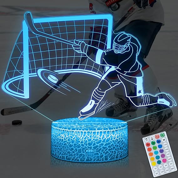 Ice Hockey Gifts for Boys, Hockey Night Light, Dimmable 16 Colors 3D Optical Illusion Lamp with Remote & Timer, Room Decor for Player Kids Birthday Christmas