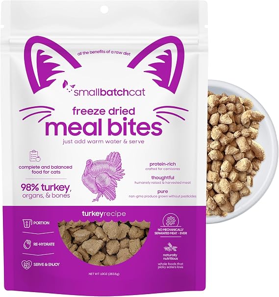 smallbatch Freeze Dried Raw Cat Food, High Protein Turkey Recipe, 10 oz | 98% Humanely Raised Turkey Meat Organ & Bone, Made in the USA, Organic Produce, No Fillers or Additives, Picky Cat Approved