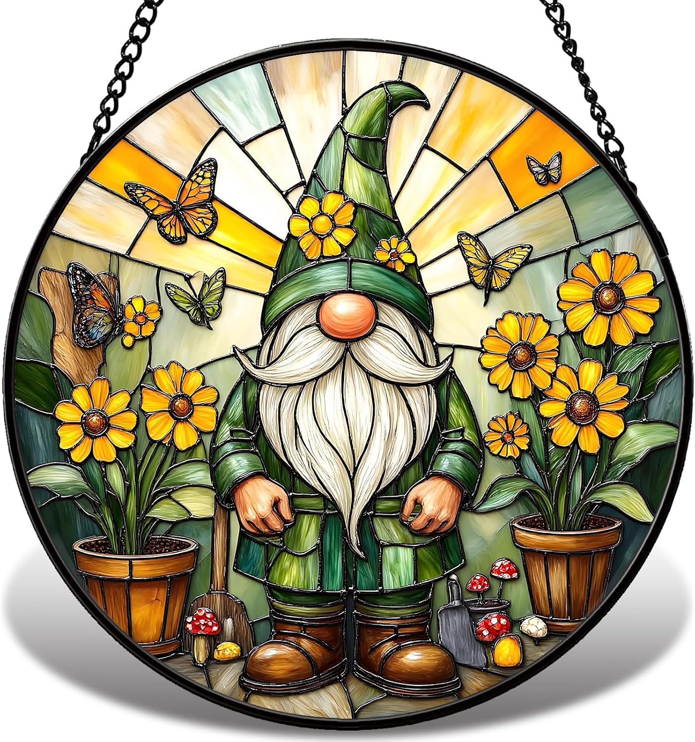 Stained Glass Window Hanging, Gnome in Garden Sun Catcher for Indoor Window Decoration with Flower & Butterfly, Stained Glass Home Decor Gift for Women and Men G02 6.3