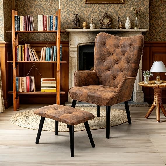 ECOTOUGE Accent Chair with Ottoman(Anti-Skid Feet Caps), Button Wingback Leisure Single Sofa, Arms Upholstered Tall Back Desk Chair for Bedroom, Reading(Brown)