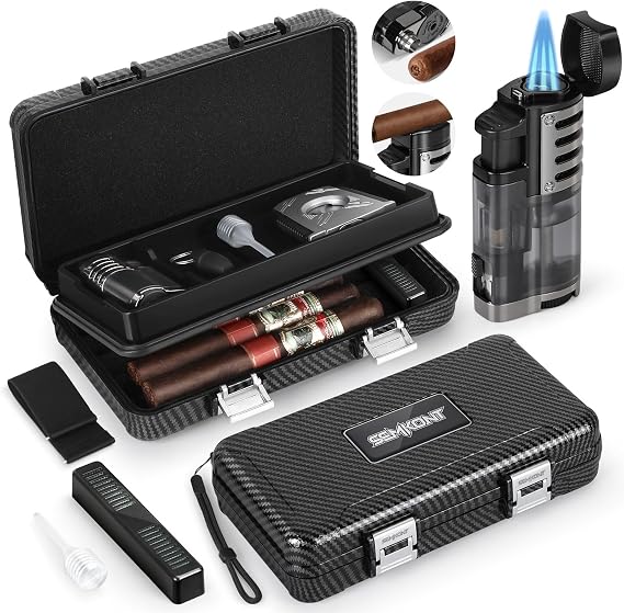 Cigar Humidor, Portable Travel Cigar Box, Double Cigar Humidor with Separate Storage for Cigar Accessories, Cigar Travel Case with Cigar Lighter(No Butane), Holds 5 Cigars (Carbon Fiber)