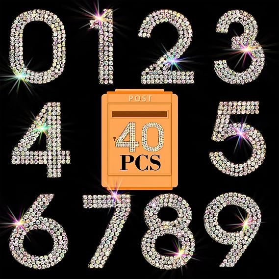 40Pcs Bling Rhinestone Numbers Self-Adhesive Glitter Number Stickers for Mailbox Cars Doors Crafts 0-9 DIY Crystal Iron-on Numbers Patches for Clothing(Crystal AB,1.57")