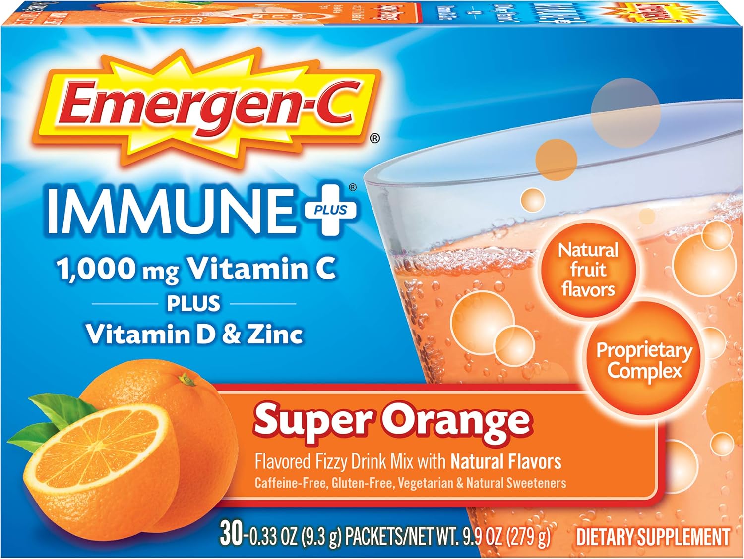 Emergen-C Immune 1000mg Vitamin C Powder, with Vitamin D, Zinc, Antioxidants and Electrolytes for Immunity, Immune Support Dietary Supplement, Super Orange Flavor - 30 Count1 Month Supply