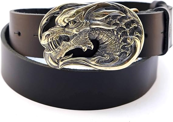 Leather belt with belt buckle Dragons Head, Handmade Jormungandr head solid brass belt buckle on leather belt