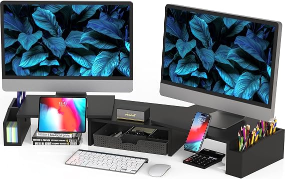 Simple Houseware Desk Dual Monitor Stand Riser with Drawer, Black | Customizable Organizer Tray, Built-In Phone & Tablet Slot and Side Storage