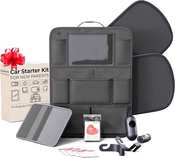 Baby Car Essentials Starter Kit for New Parents w/ 1 Backseat Organizer 2 Window Sun Shades 2 Headrest Hooks 1 Rear Facing CarSeat Mirror Baby Car Stuff Must Haves & Newborn Essentials