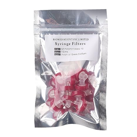 Syringe Filters PVDF (Polyvinylidene Fluoride) 13 mm Diameter 0.45 um Pore Size Non Sterile Pack of 10 pcs
