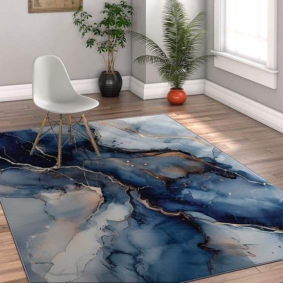 Blue Marble Texture Area Rug 60x100cm - Modern Luxury Home Decor Large Rugs for Living Room Gold Thread Mbellishment Rug Non Slip Runner