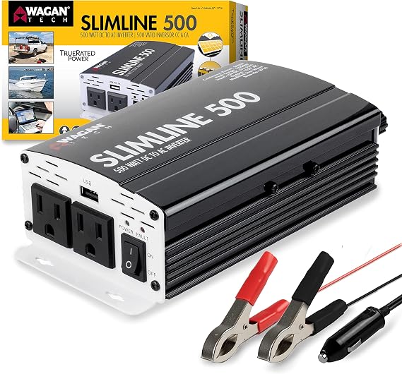 Wagan 3716 500W Slim Line AC to DC Inverter 500W TrueRated 1000W Surge Power Inverter | 500W TrueRated Continuous, Fast Charging, AC Outlets, USB Charging Port, LED Displays, for Home RV Camping Van Life Off Grid