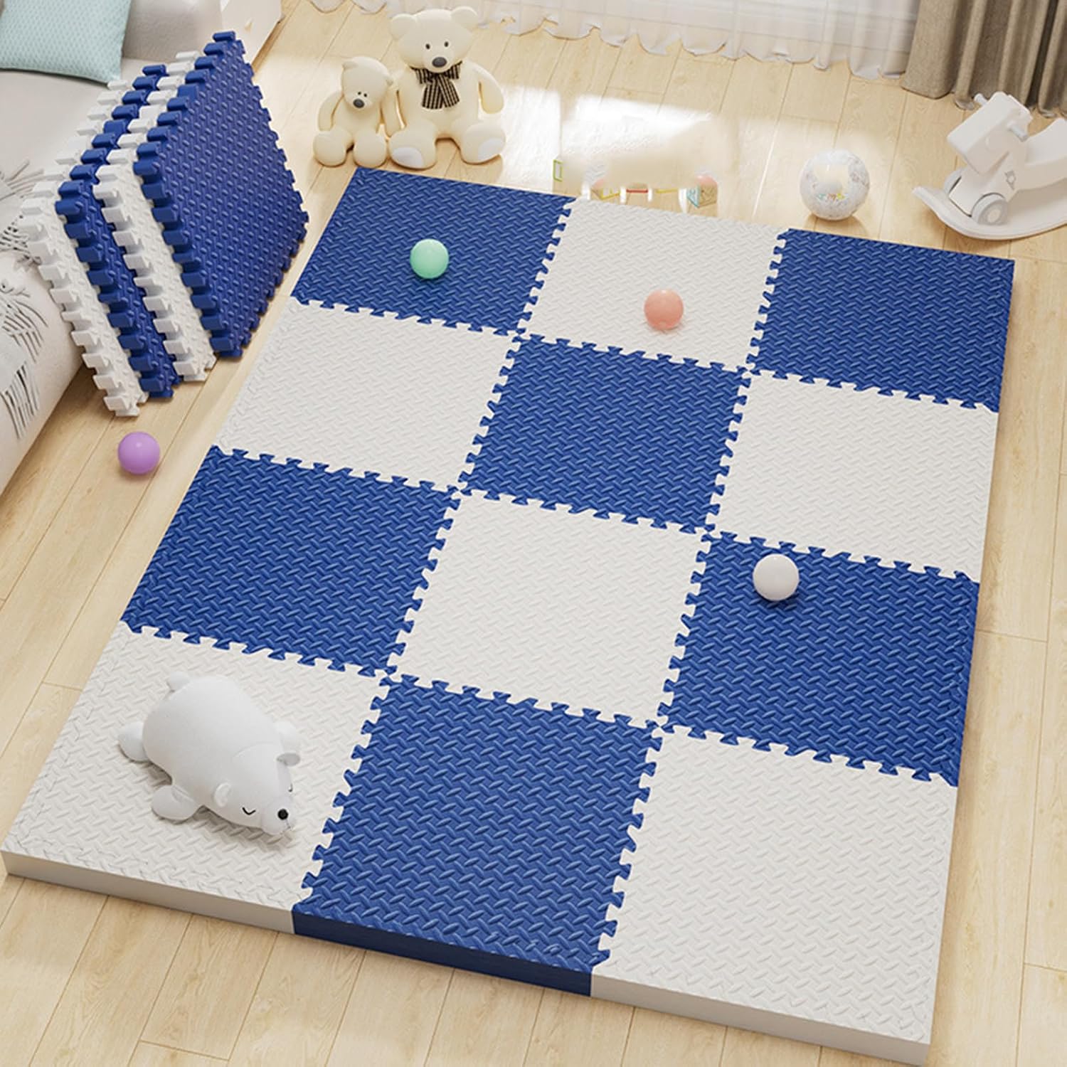 9-Piece Square Interlocking Puzzle Foam Mat, 0.4-Inch Thickness Super Soft Puzzle Floor Mat, Suitable for Home Decoration Playroom, Living RoomSize:23.6x23.6inch,Color:WhiteNavy Blue