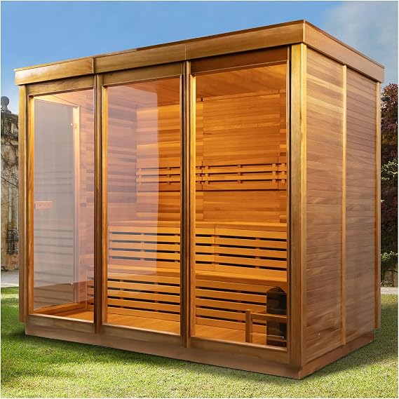 Outdoor 4-8 Person Steam Sauna, Canadian Red Cedar Sauna Room for Home, Withstand Outdoor Temp 9KW ETL Heater 220V/195F, Traditional Backyard Saunas Spa with Rocks (106"x63"x90")