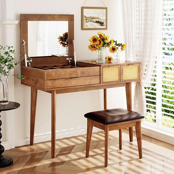 43.3" Classic Wood Makeup Vanity Set with Flip-top Mirror and Stool, Dressing Table with Three Drawers and Storage Space,for Bedroom Small Makeup Vanity for Small Spaces (Brown~098)