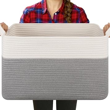 OIASKET Blanket Basket for Living Room, Cotton Rope Basket for Storage, Toy Baskets Bin for kids, Woven Baskets with Handles for Clothes, Towels, Pillows, 20" x 16" x 12", Grey and White
