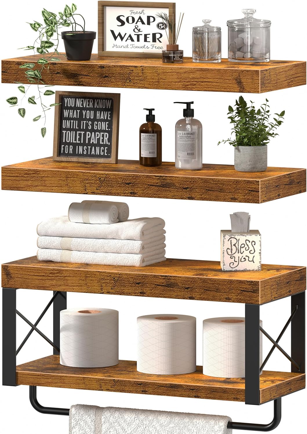 QEEIG Bathroom Shelves Over Toilet - Floating Shelf for Wall Toilet Paper Storage Farmhouse 16 inch Set of 3, Rustic Brown 029-40BN3
