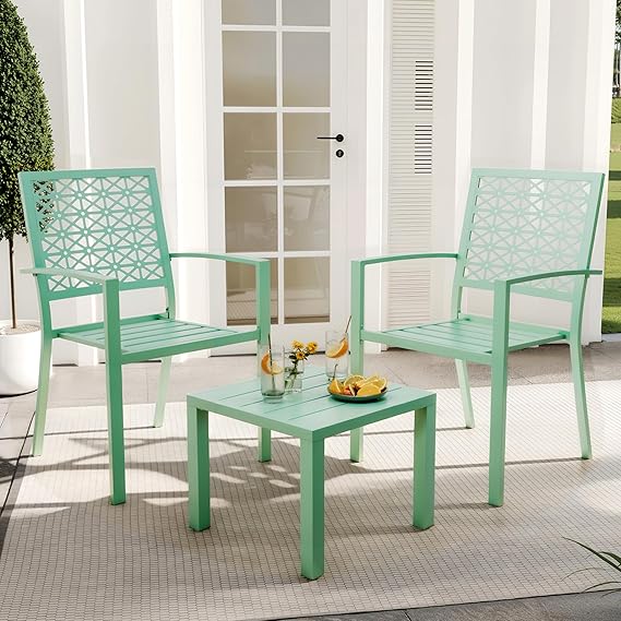 3 Piece Patio Bistro Set, Stackable Patio Dining Set, Green | Iron Art Outdoor Bistro Table and Chairs Set of 2, Outdoor Furniture Set for Patio, Balcony, Porch