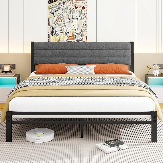 King Size Bed Frame with Storage, 5ft Upholstered Bed,Dark Gray