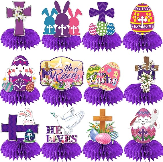 12 Pcs Easter Decorations Honeycomb Centerpiece, He is Risen Decorations Easter Table Decorations Centerpieces, Purple Easter Party Decorations Religious Easter Decorations for Table