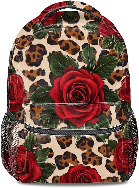 Red Rose Leopard Print Backpack Fashion Daypack, Trendy Laptop Bookbag for Women & Men, College School Bag