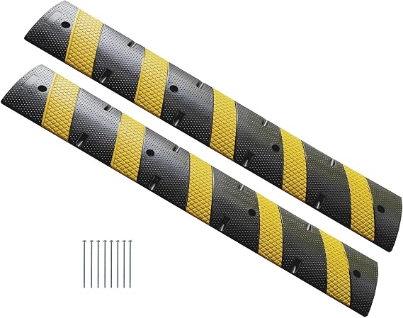 UNIMAT Traffic Speed Bump 2 Pack with 2 Channels Cable Protector, Economy Recycled Rubber, Especially Made for Concrete Black and Yellow Rubber Stripes 8 Bolts Included, Load Capacity 44,000 lbs.