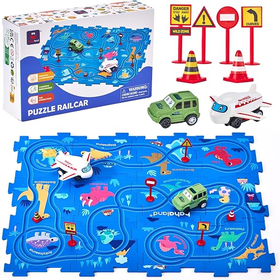 hahaland Dinosaur Race Track for 3+ Year Old Boys, Puzzle Racer Car Track Set with Airplane & Car, Toddler Puzzle Racetrack, Educational Car Puzzle Toy, Gift for 3 Year Old Boys