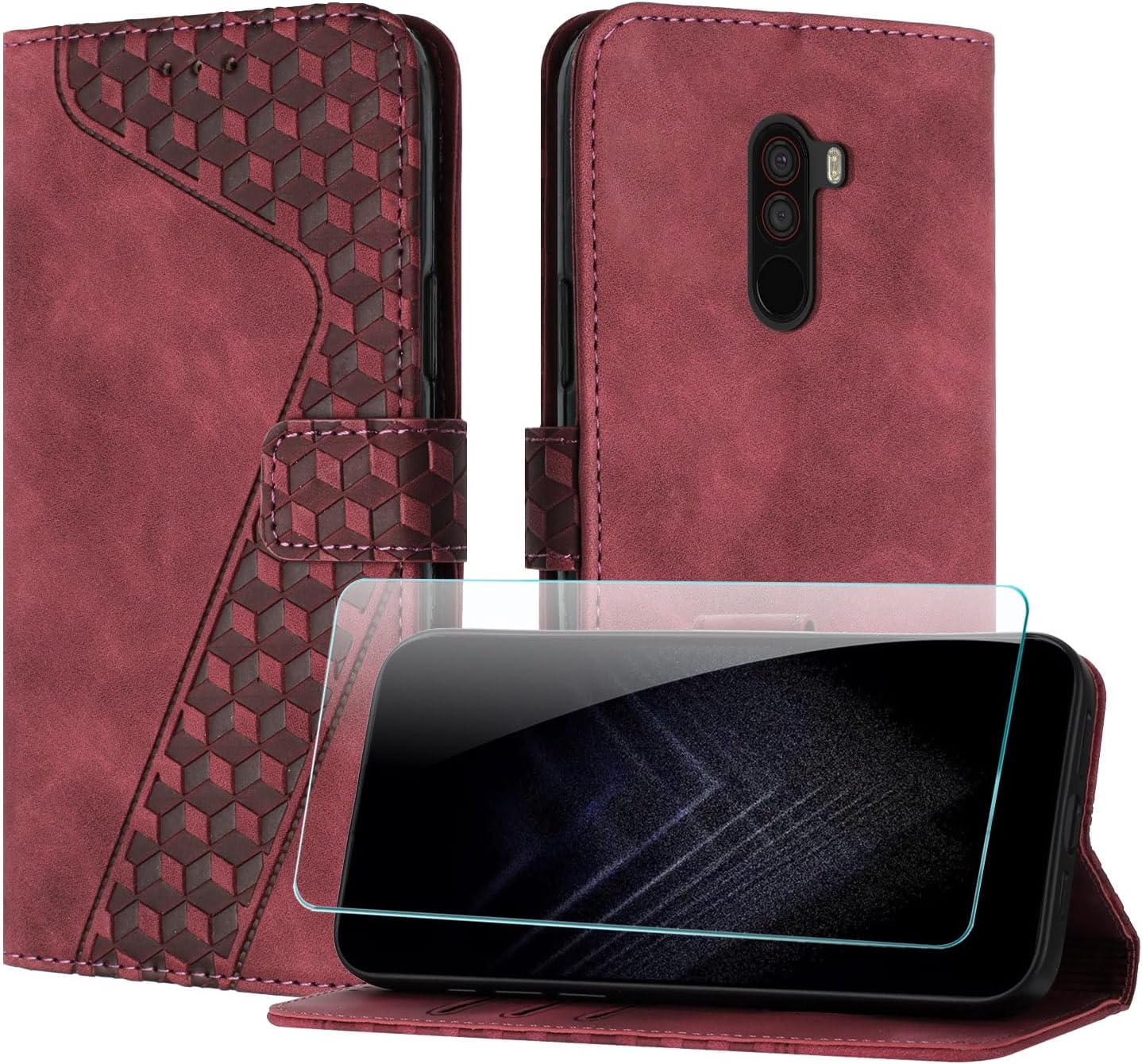 Case for Xiaomi mi Pocophone F1 with Screen Protector, Flip Wallet PU for Xiaomi Pocophone F1 cover [Card Holder] [Magnetic Closure] [Kickstand] 360 Shockproof Protective Case - Red