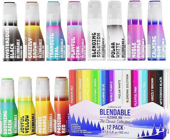Bearly Art Alcohol Ink Classic Collection Rainbow Set 0.5 fl oz Each | 12 acid safe blendable alcohol inks and blending solution for vibrant designs on paper, resin and mixed media surfaces