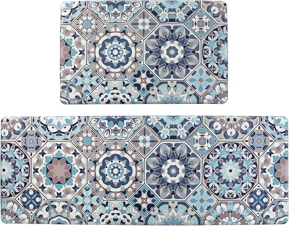 Anti Fatigue Kitchen Mat Set of 2 Blue Cushioned Kitchen Rugs Comfort Floor Mat PVC Waterproof Non Slip Kitchen Carpet Rug Runner for Sink Laundry 17"x48"+17"x28"