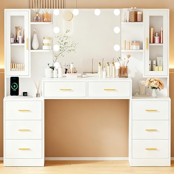 ANWBROAD 150 cm Large Dressing Table with LED Lighting and Sockets Adjustable 3 Colours Modern Dressing Table with Mirror 8 Drawers 6 Open Shelves Dressing Table White BDT67W