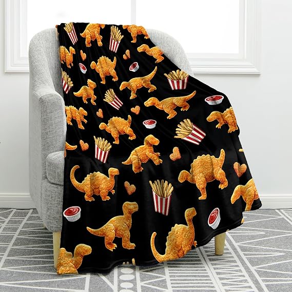 Jekeno Dinosaur Gifts Blanket Dino Nuggets Throw Blanket | 50x60 Inch Flannel Dinosaur Nuggets French Fries Fast Food Blanket Gifts for Kids Teens Boys Girls Birthday