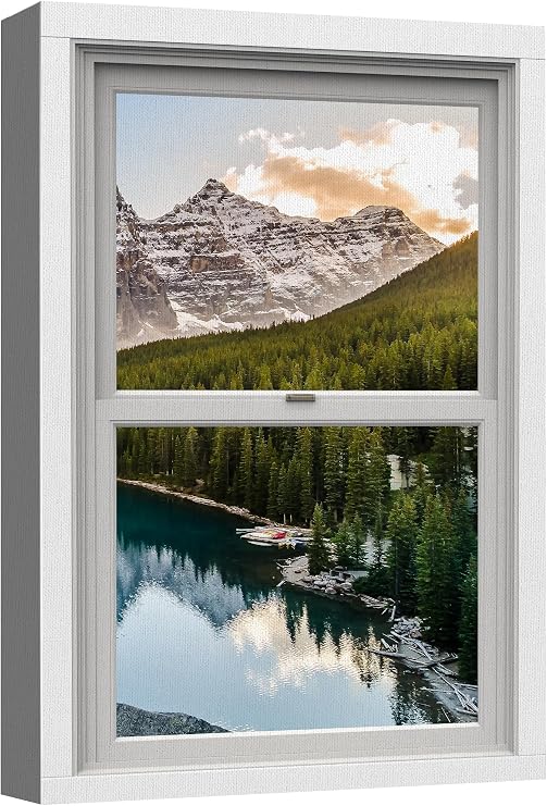wall26 Canvas Print Wall Art Window View Mountain Range Pine Tree Forest Lake Reflection Nature Wilderness Photography Digital Art Realism Decorative Rustic Landscape Colorful for Bedroom - 12"x18"