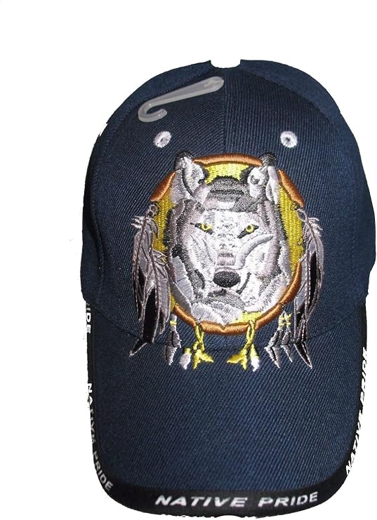 Native American Pride Wolf in Dream Catcher Navy Blue Embroidered Baseball Ball Cap Hat