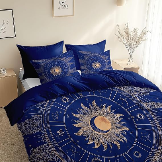 King Duvet Cover Set Anime Style Celestial Pattern for Kids Boys Girls, Midnight Blue Bedding Set (104 X 90 in) with Zipper Printed Comforter Cover Set Ultra Soft(No Filler)