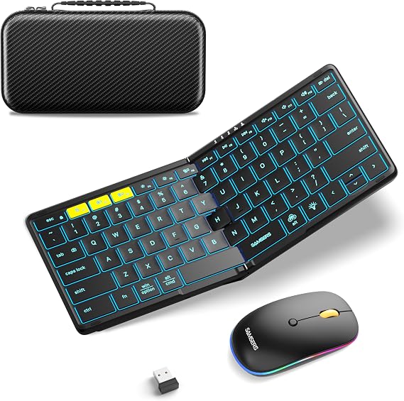 Foldable Keyboard and Mouse, Samsers Folding Bluetooth Keyboard Mouse Combo with Backlight, 2.4G + BT5.0 x 2, Full-Size Travel Keyboard & Portable Wireless Mouse for Windows iOS Mac OS Android - Black