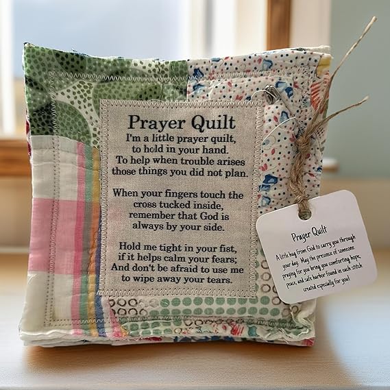 Handmade Pocket Prayer Quilt with Cross Inside, Mini Scripture Quilt, Christian Sympathy Gift