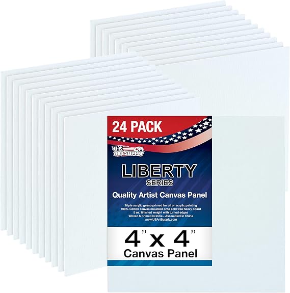U.S. Art Supply 4 X 4 Inch Art Canvas Board Panels 24 Pack - 8 Ounce Heavyweight Cotton Acid Free Canvases for Painting Acrylics and Watercolor (1 Case of 24 Single Canvas Painting Panels)