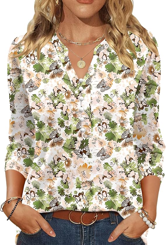 LUYAA Womens Blouses 3/4 Length Sleeve Tops 2026 Pearl Button Down Shirts Spring Summer Business Casual Outfits for Women